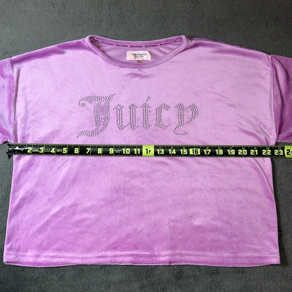 Juicy Couture Size L Purple Pink Velvet Embellished Short Sleeve Crop Top - Picture 3 of 6